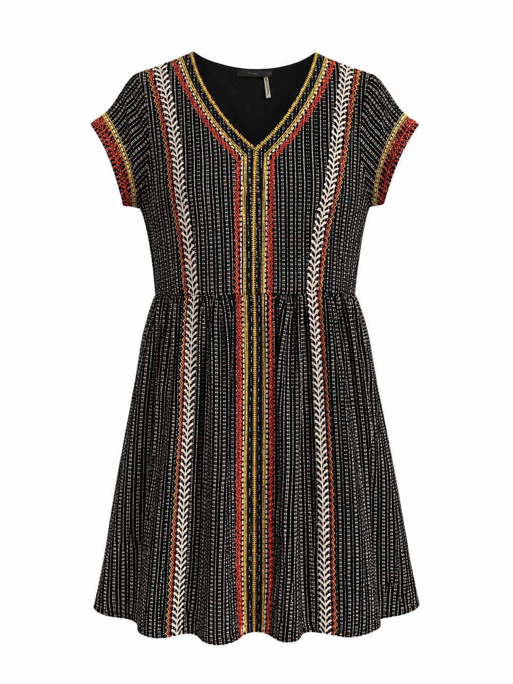 THML Anthropologie black tan v neck embroidered boho peasant dress Small GUC
